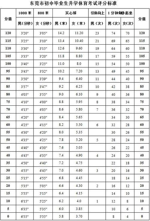 东莞体育中考标准2021